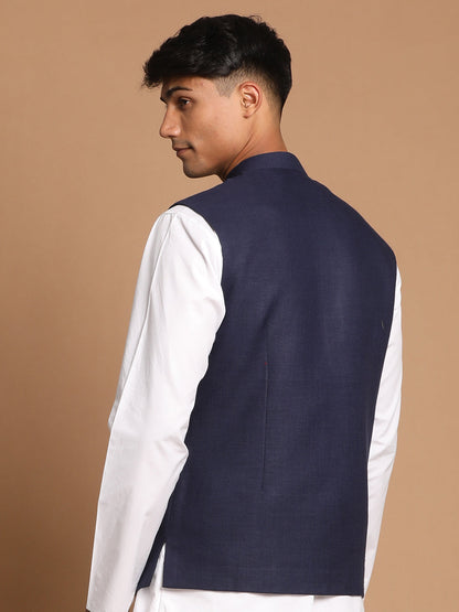 Vastramay Navy Blue Cotton Blend Nehru Jacket - PUSHMYCART