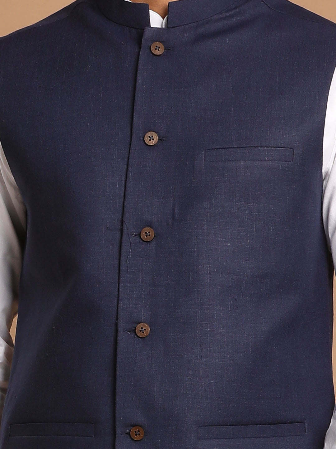 Vastramay Navy Blue Cotton Blend Nehru Jacket - PUSHMYCART