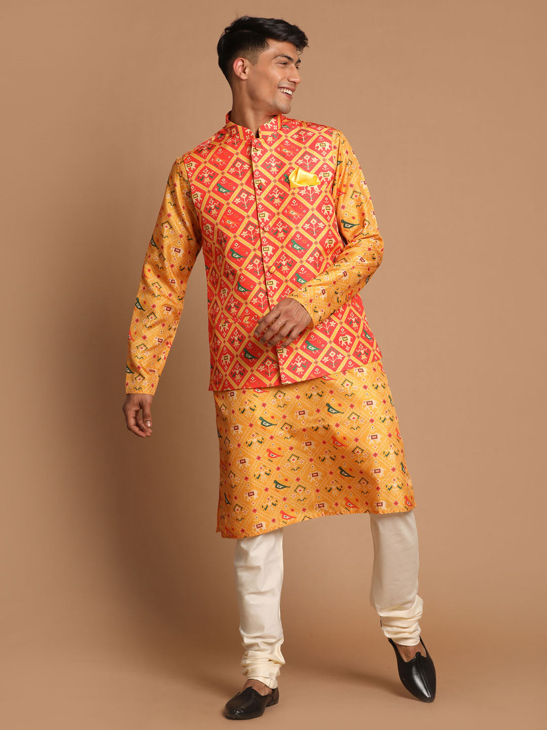 Vastramay Red Patola Print Nehru Jacket With Yellow Printed kurta & Cream Pyjama - PUSHMYCART