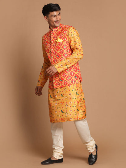 Vastramay Red Patola Print Nehru Jacket With Yellow Printed kurta & Cream Pyjama - PUSHMYCART