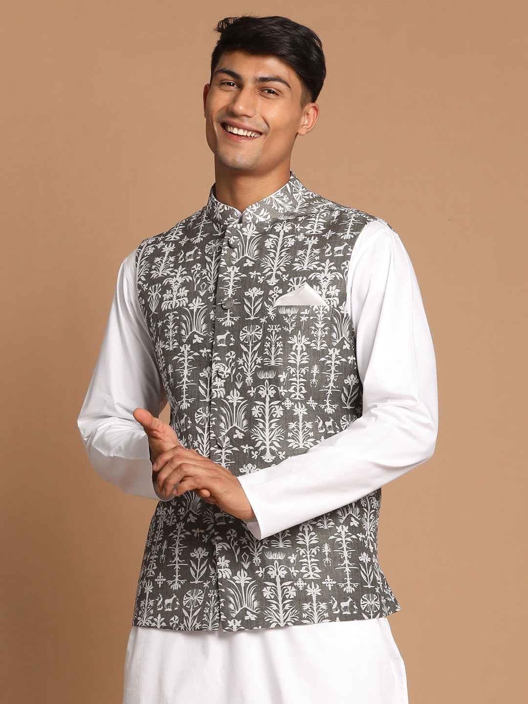 Vastramay Men's Mehdi Green And White Printed Cotton Blend Nehru Jacket - PUSHMYCART