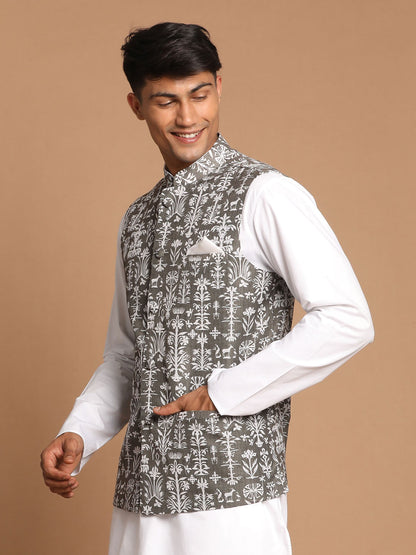 Vastramay Men's Mehdi Green And White Printed Cotton Blend Nehru Jacket - PUSHMYCART