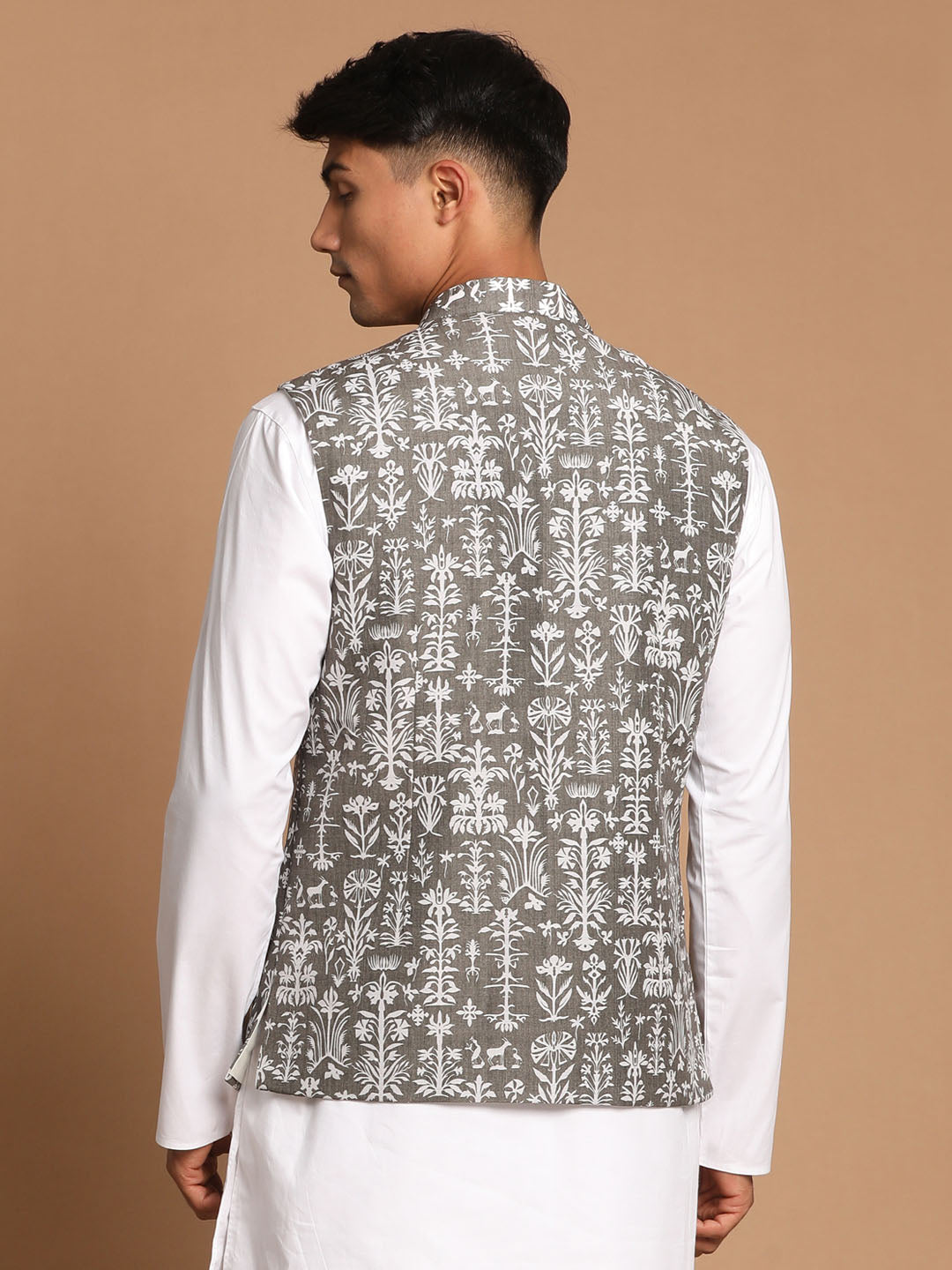 Vastramay Men's Mehdi Green And White Printed Cotton Blend Nehru Jacket - PUSHMYCART