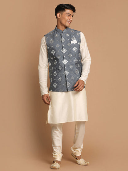 Vastramay Men's Grey Mirror-Work Silk Blend Nehru Jacket With Solid Kurta & Pyjama Set - PUSHMYCART