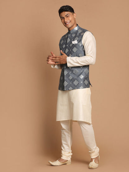 Vastramay Men's Grey Mirror-Work Silk Blend Nehru Jacket With Solid Kurta & Pyjama Set - PUSHMYCART