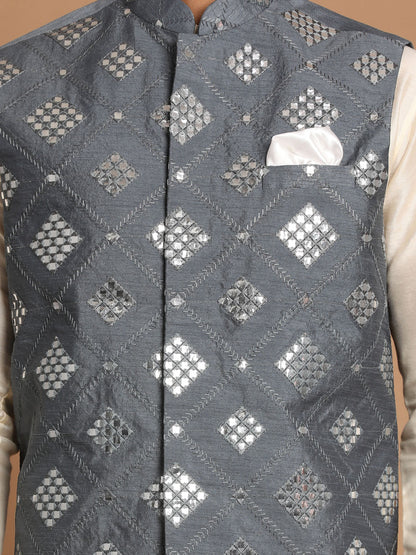 Vastramay Men's Grey Mirror-Work Silk Blend Nehru Jacket With Solid Kurta & Pyjama Set - PUSHMYCART