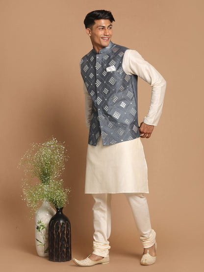 Vastramay Men's Grey Mirror-Work Silk Blend Nehru Jacket With Solid Kurta & Pyjama Set - PUSHMYCART