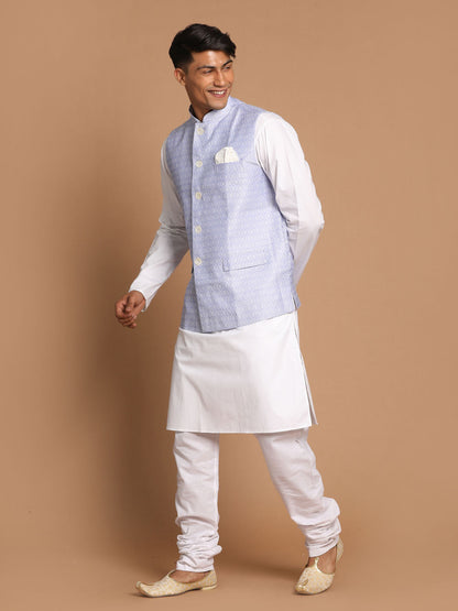Vastramay Men's Light Blue Jacquard Nehru Jacket with Kurta Pyjama Set - PUSHMYCART