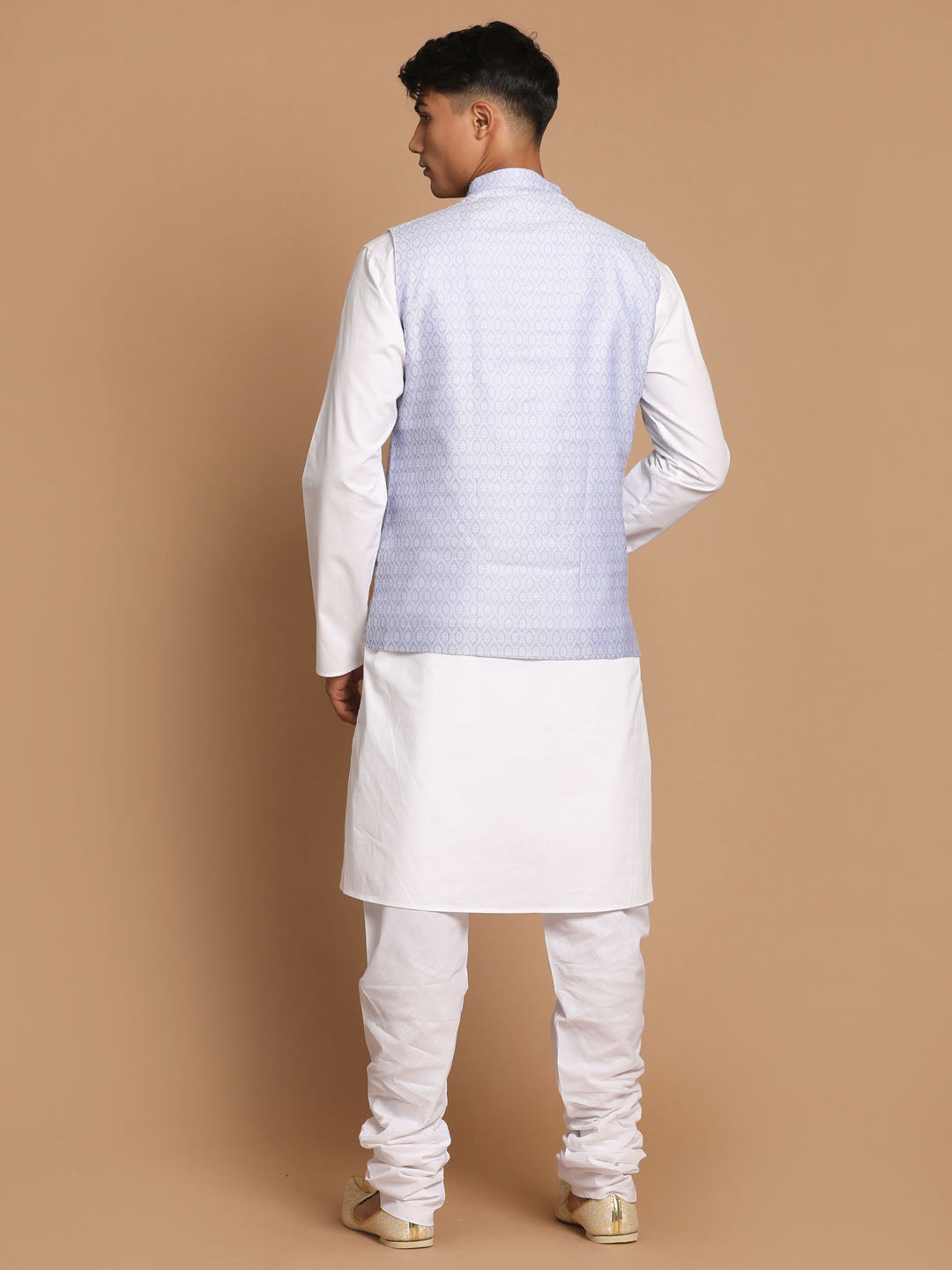 Vastramay Men's Light Blue Jacquard Nehru Jacket with Kurta Pyjama Set - PUSHMYCART