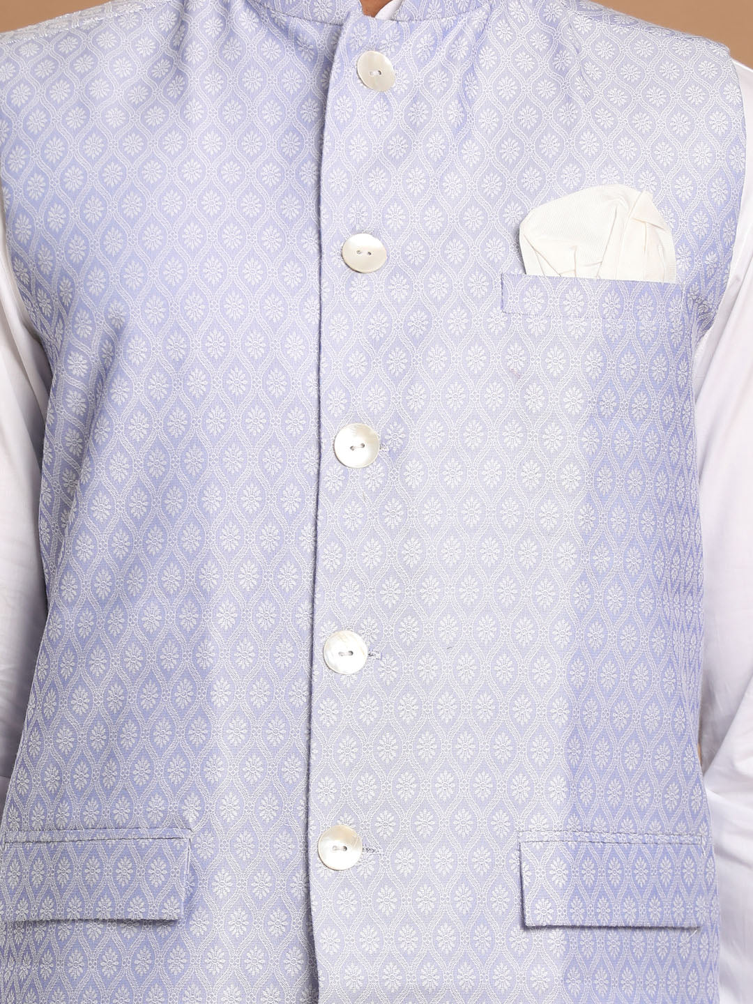 Vastramay Men's Light Blue Jacquard Nehru Jacket with Kurta Pyjama Set - PUSHMYCART