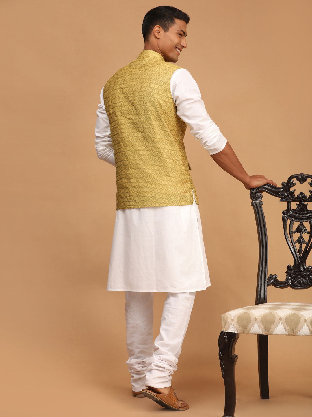 Vastramay mens yellow color cotton nehru jacket with white color kurta and white pyjama set