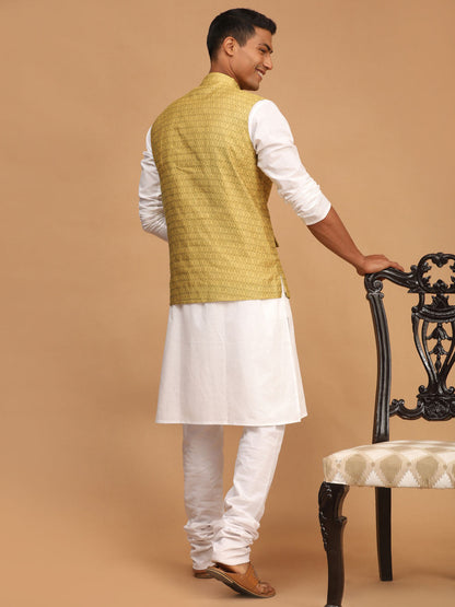 Vastramay mens yellow color cotton nehru jacket with white color kurta and white pyjama set