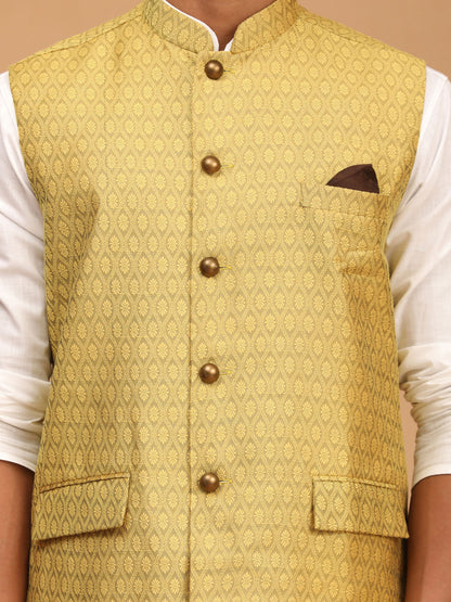 Vastramay mens yellow color cotton nehru jacket with white color kurta and white pyjama set