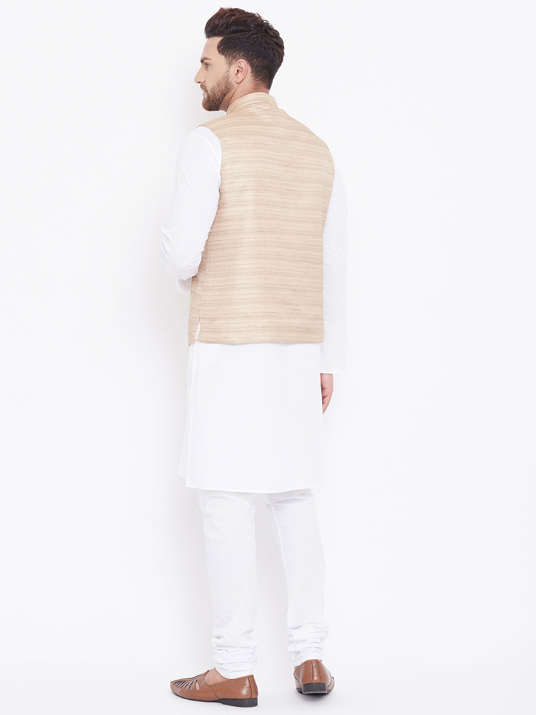 Vastramay Beige Cotton Silk Nehru Jacket & White Kurta Pyjama Baap Beta Set - PUSHMYCART