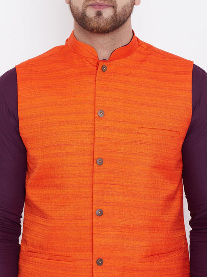 Vastramay Orange, Purple And White Baap Beta Nehru Jacket Kurta Pyjama set - PUSHMYCART