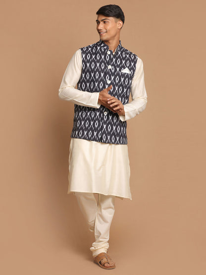 Vastramay Men's Black  Nehru Jacket  With Cream Kurta And Pyjama Set - PUSHMYCART