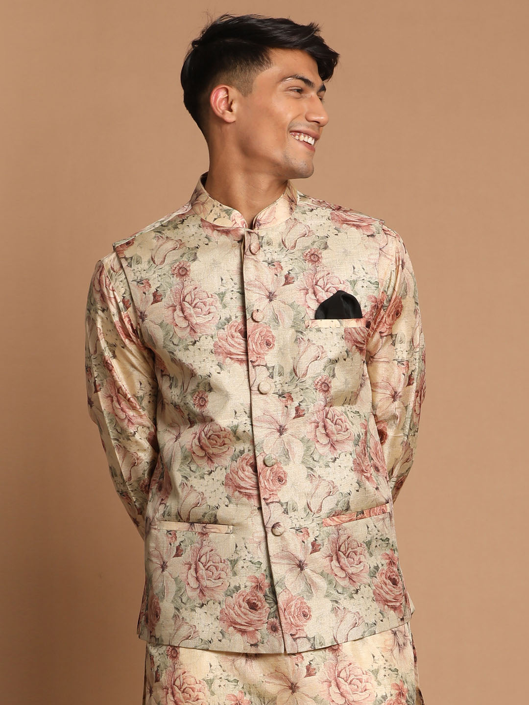 Vastramay Men's Beige Printed Jacket - PUSHMYCART