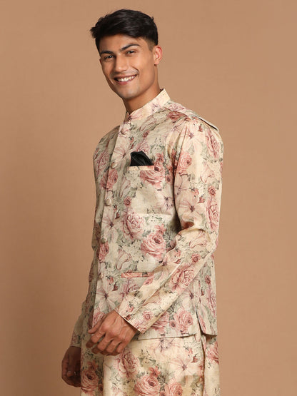 Vastramay Men's Beige Printed Jacket - PUSHMYCART