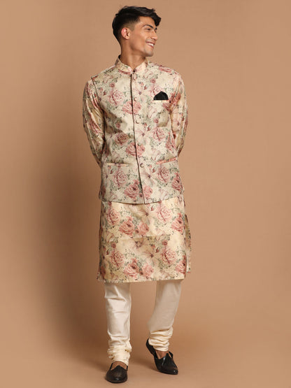 Vastramay Beige Printed Nehru Jacket And kurta With Cream Solid Pyjama Set - PUSHMYCART