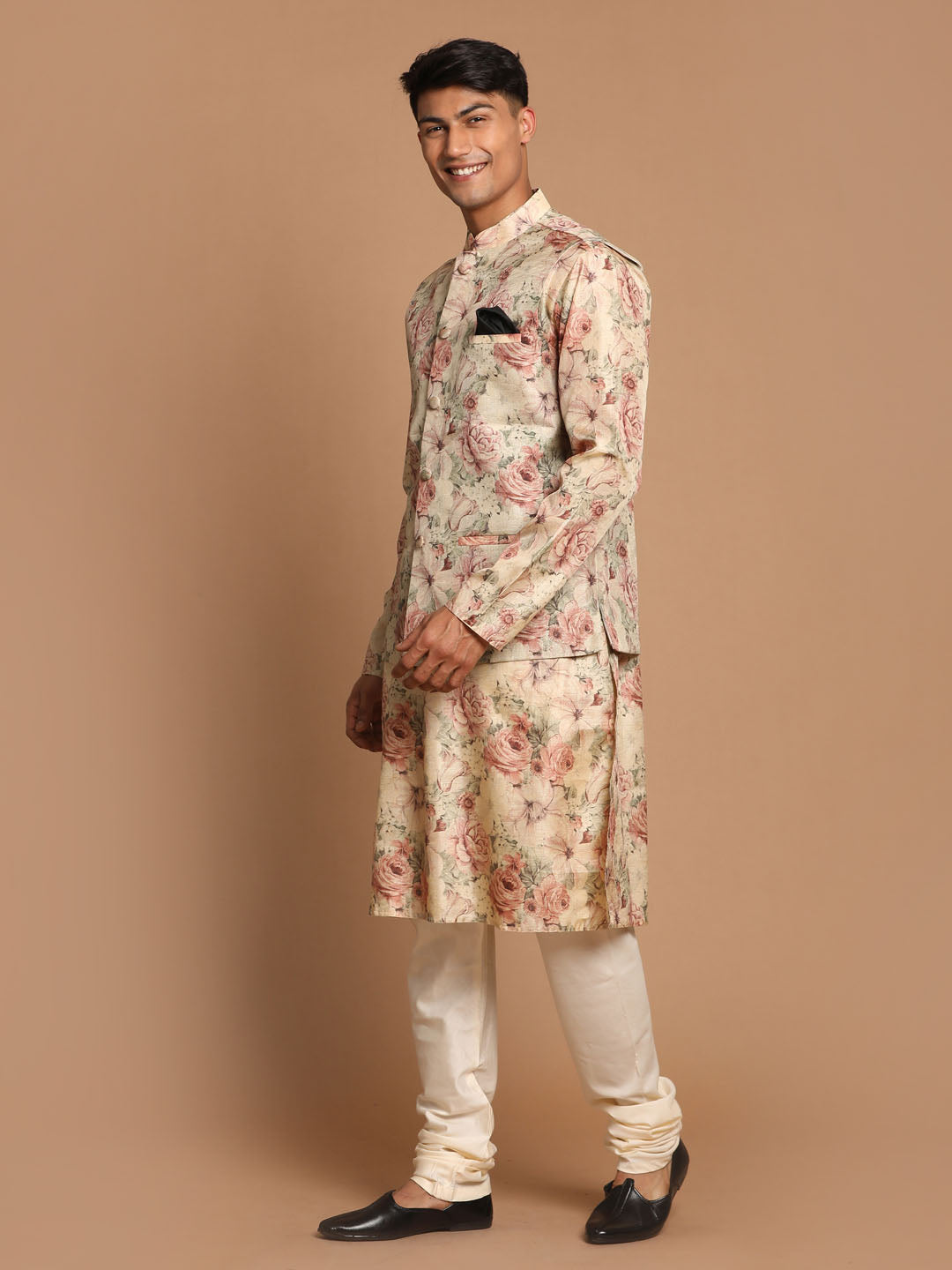 Vastramay Beige Printed Nehru Jacket And kurta With Cream Solid Pyjama Set - PUSHMYCART