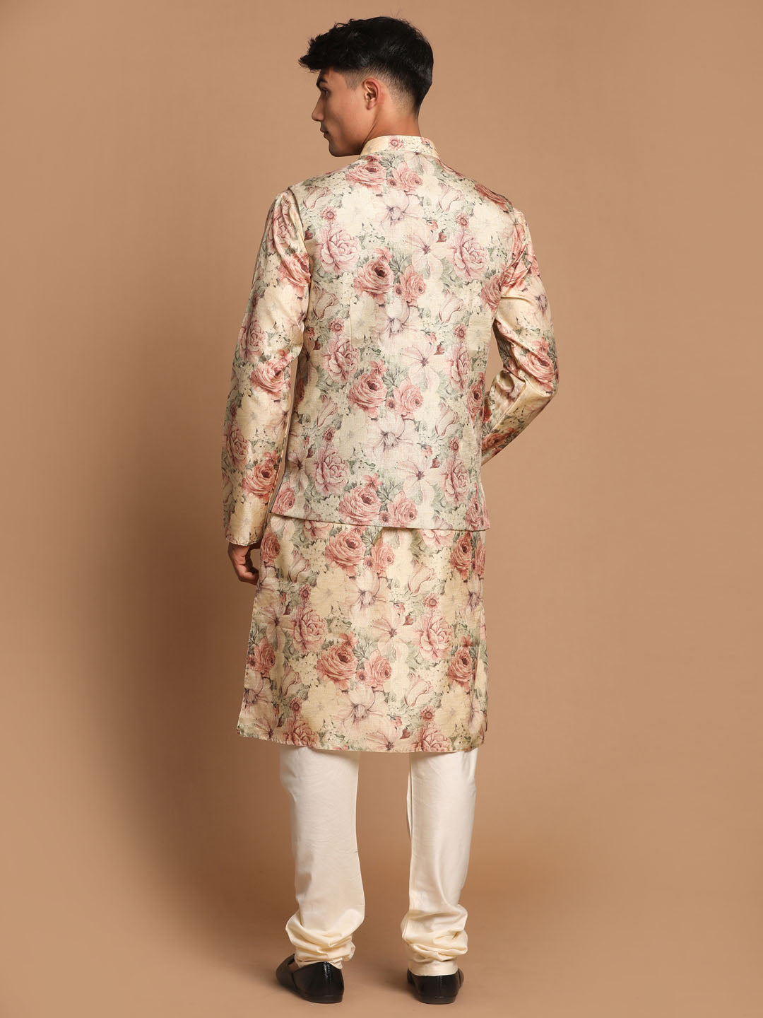 Vastramay Beige Printed Nehru Jacket And kurta With Cream Solid Pyjama Set - PUSHMYCART