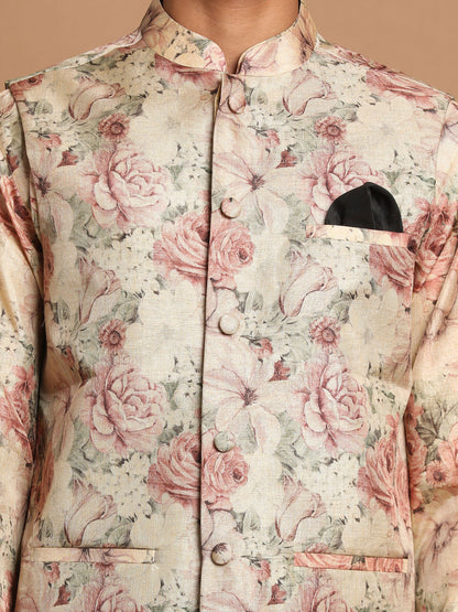 Vastramay Beige Printed Nehru Jacket And kurta With Cream Solid Pyjama Set - PUSHMYCART