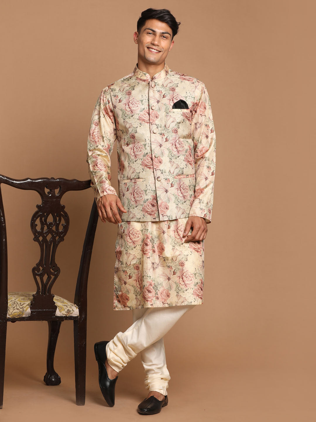 Vastramay Beige Printed Nehru Jacket And kurta With Cream Solid Pyjama Set - PUSHMYCART