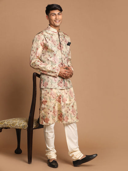 Vastramay Beige Printed Nehru Jacket And kurta With Cream Solid Pyjama Set - PUSHMYCART