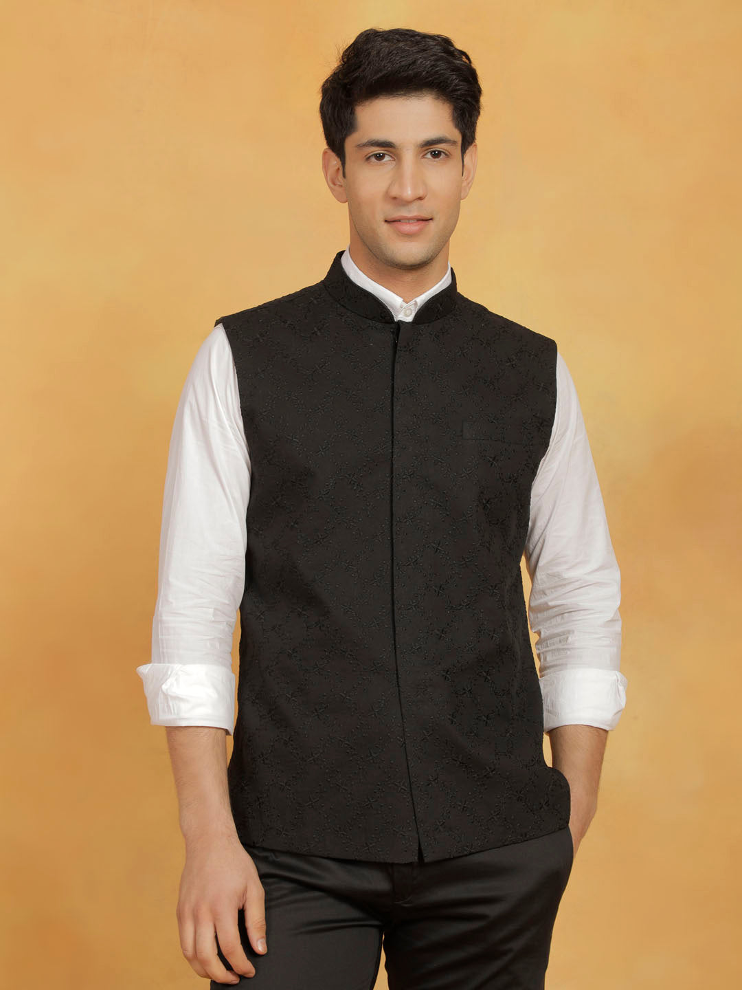 vastramay mens black cotton nehru jacket