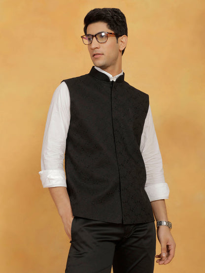vastramay mens black cotton nehru jacket