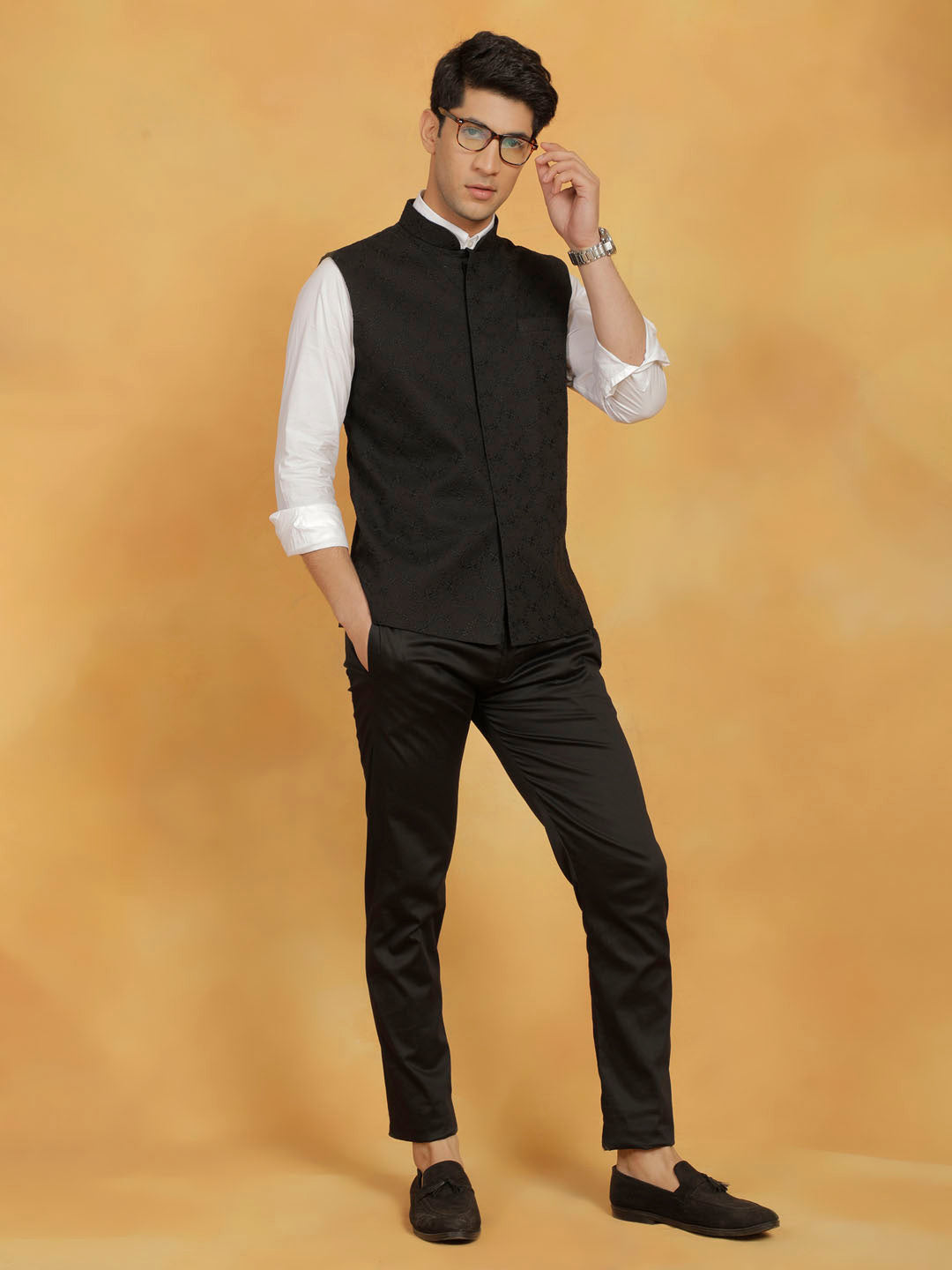 vastramay mens black cotton nehru jacket