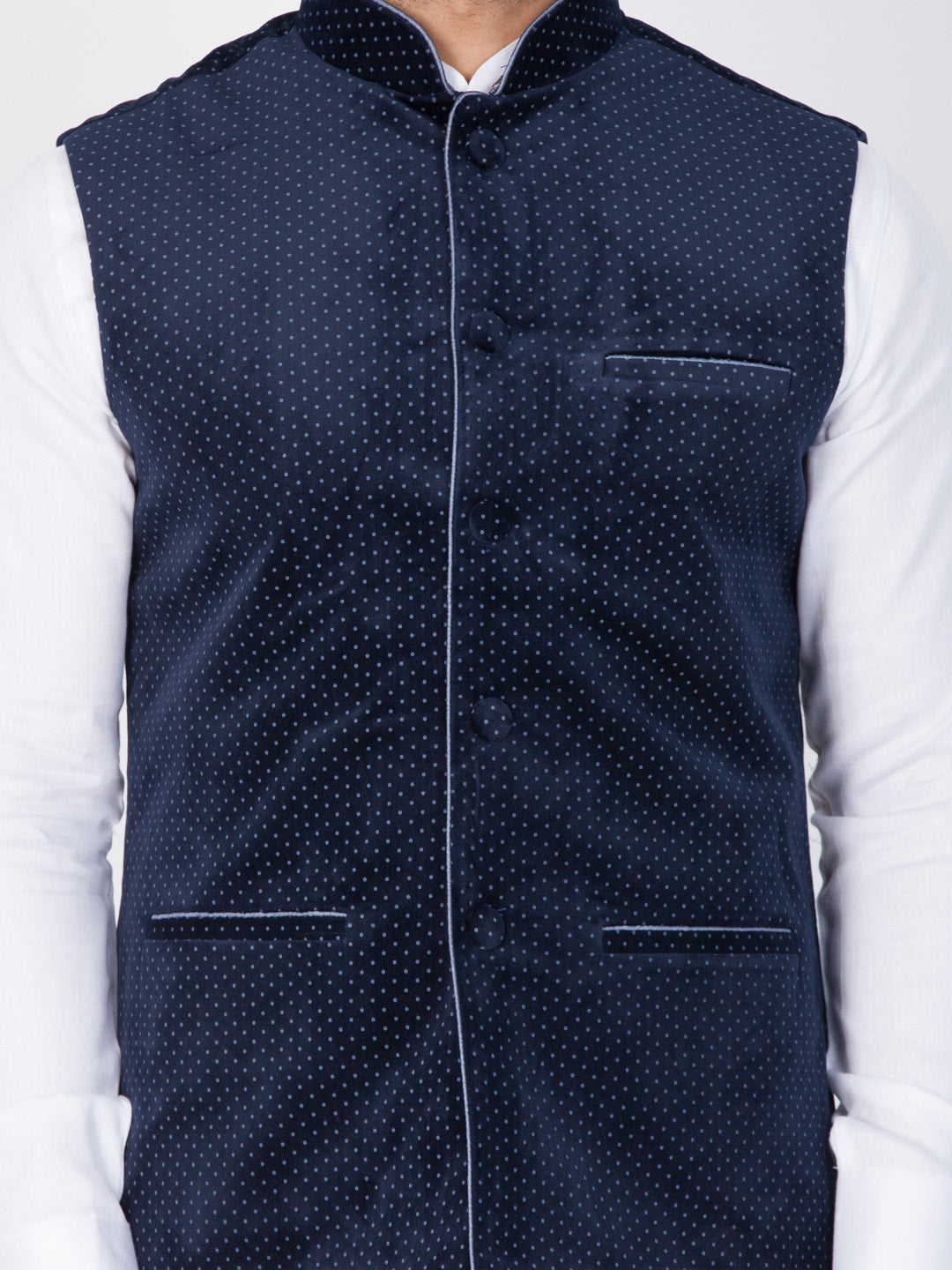 VASTRAMAY Men's Blue Velvet Ethnic Jacket - PUSHMYCART