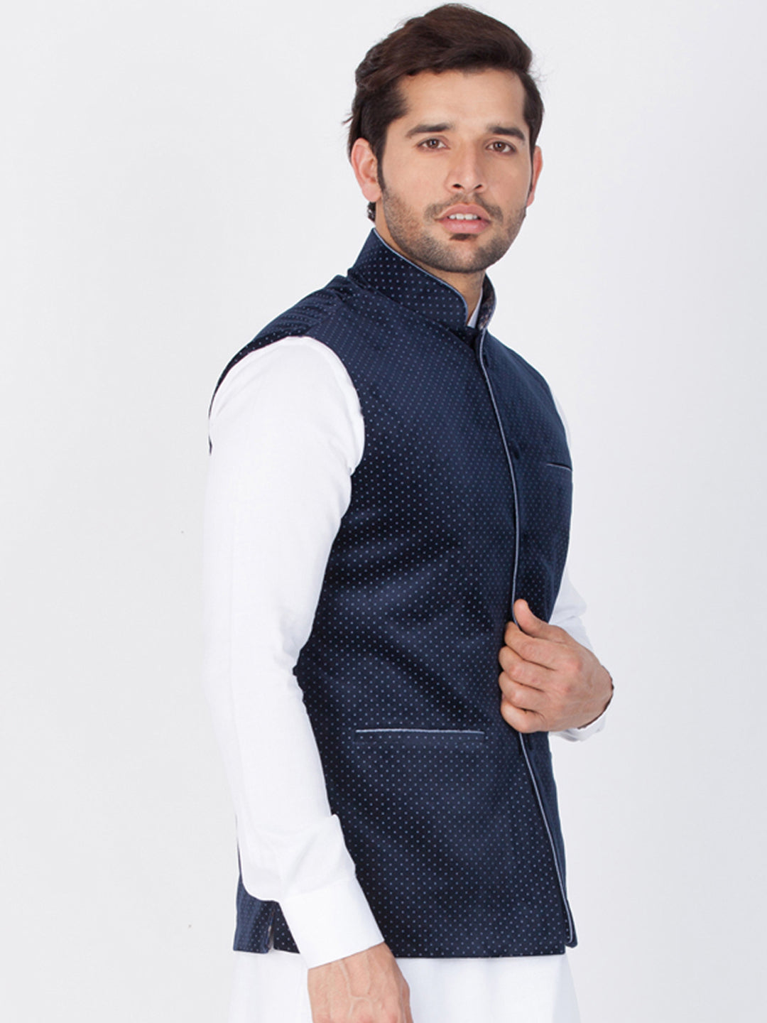VASTRAMAY Men's Blue Velvet Ethnic Jacket - PUSHMYCART