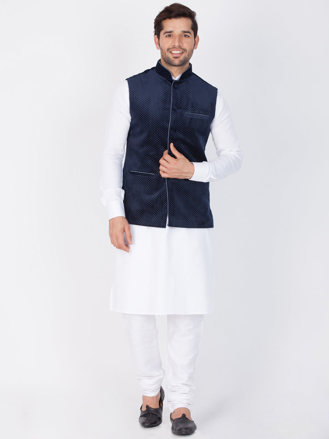 VASTRAMAY Men's Blue Velvet Ethnic Jacket - PUSHMYCART