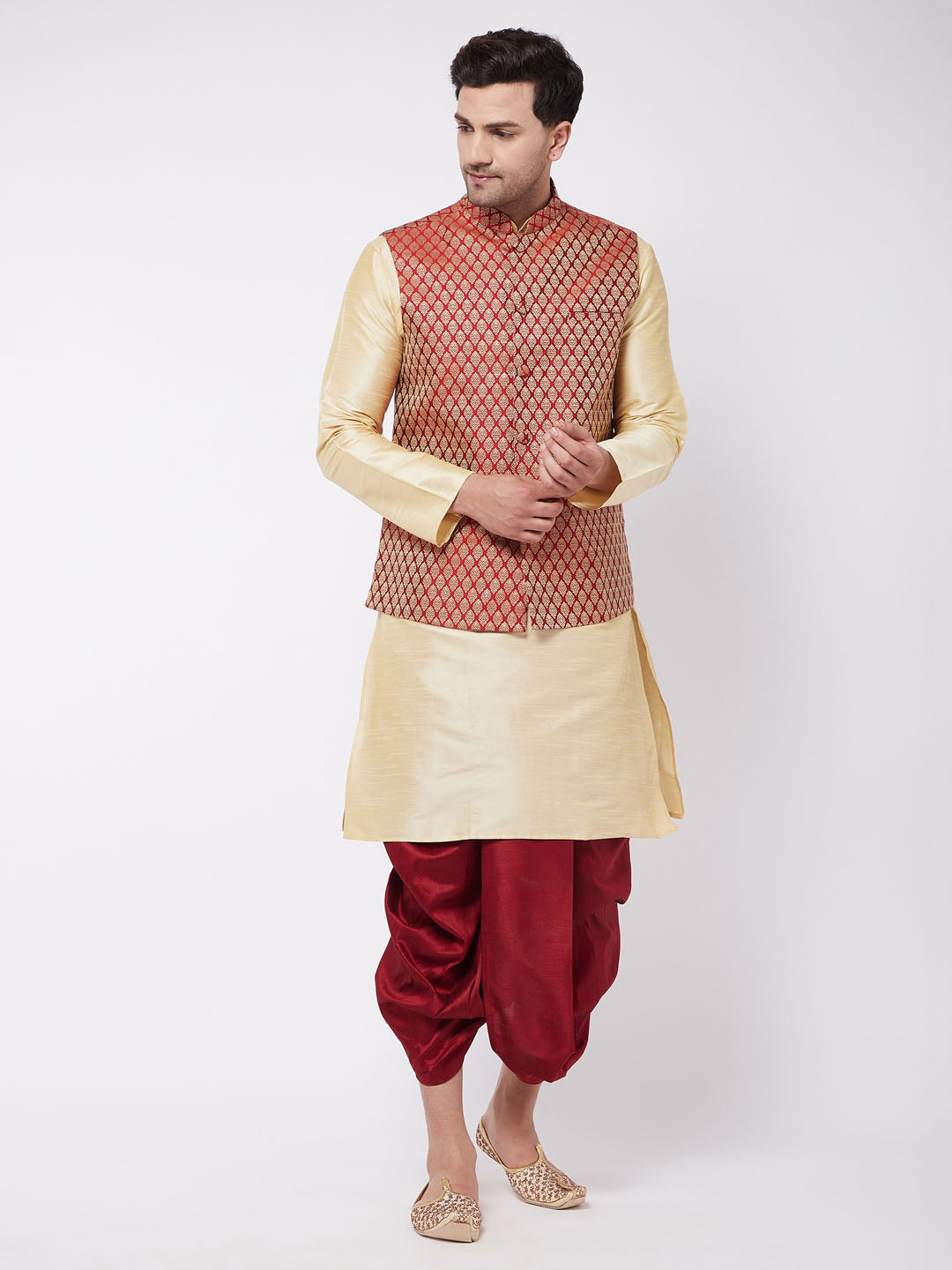 Vastramay Men's Gold Silk Blend Kurta And Dhoti With Maroon Woven Nehru Jacket - PUSHMYCART