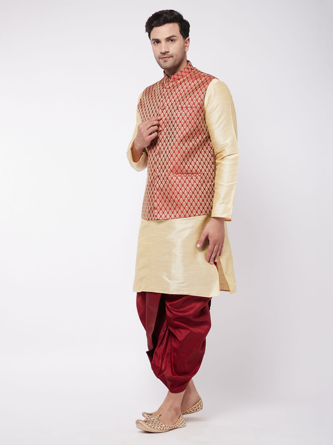Vastramay Men's Gold Silk Blend Kurta And Dhoti With Maroon Woven Nehru Jacket - PUSHMYCART