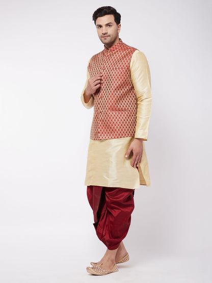 Vastramay Men's Gold Silk Blend Kurta And Dhoti With Maroon Woven Nehru Jacket - PUSHMYCART