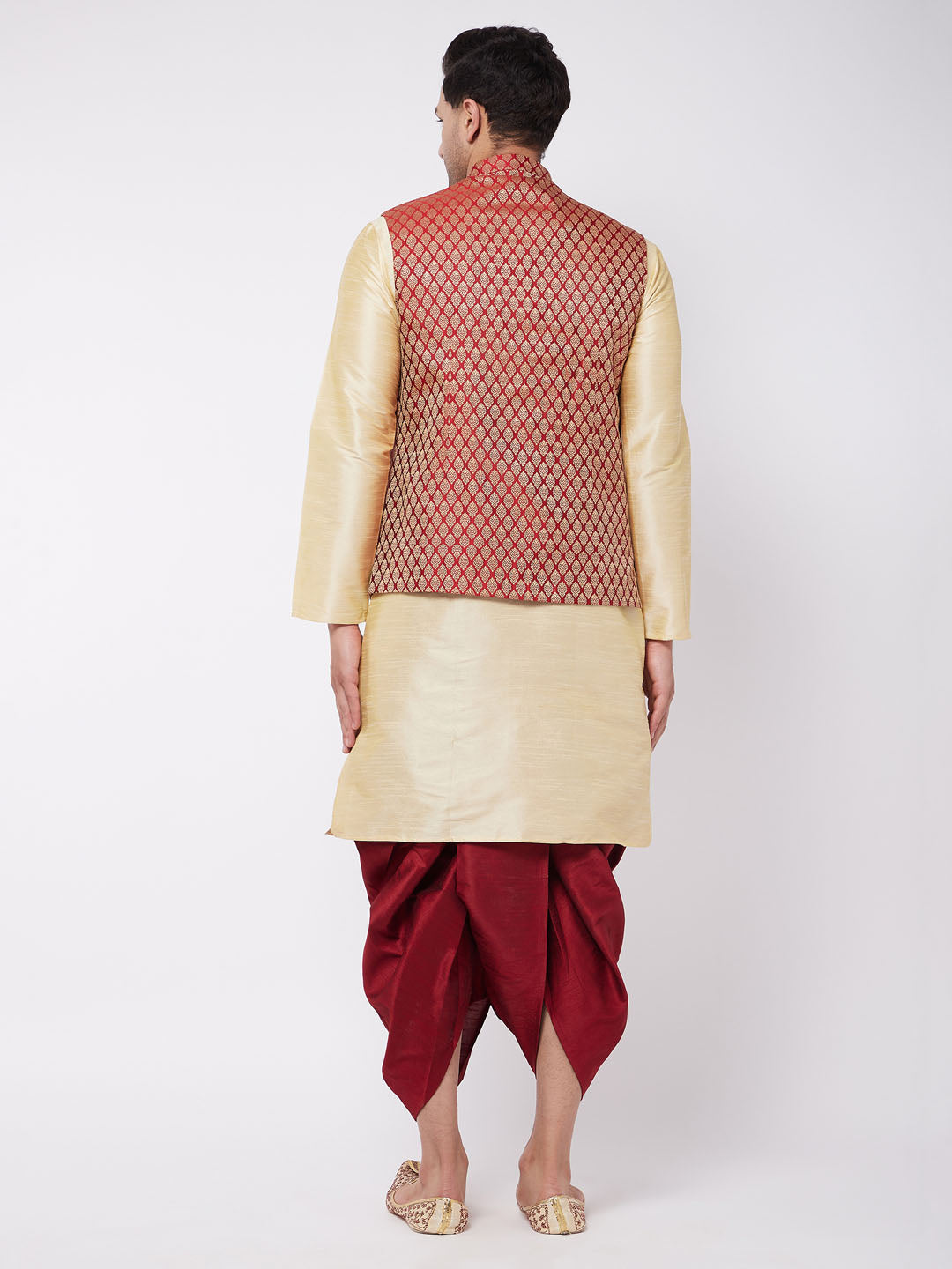 Vastramay Men's Gold Silk Blend Kurta And Dhoti With Maroon Woven Nehru Jacket - PUSHMYCART