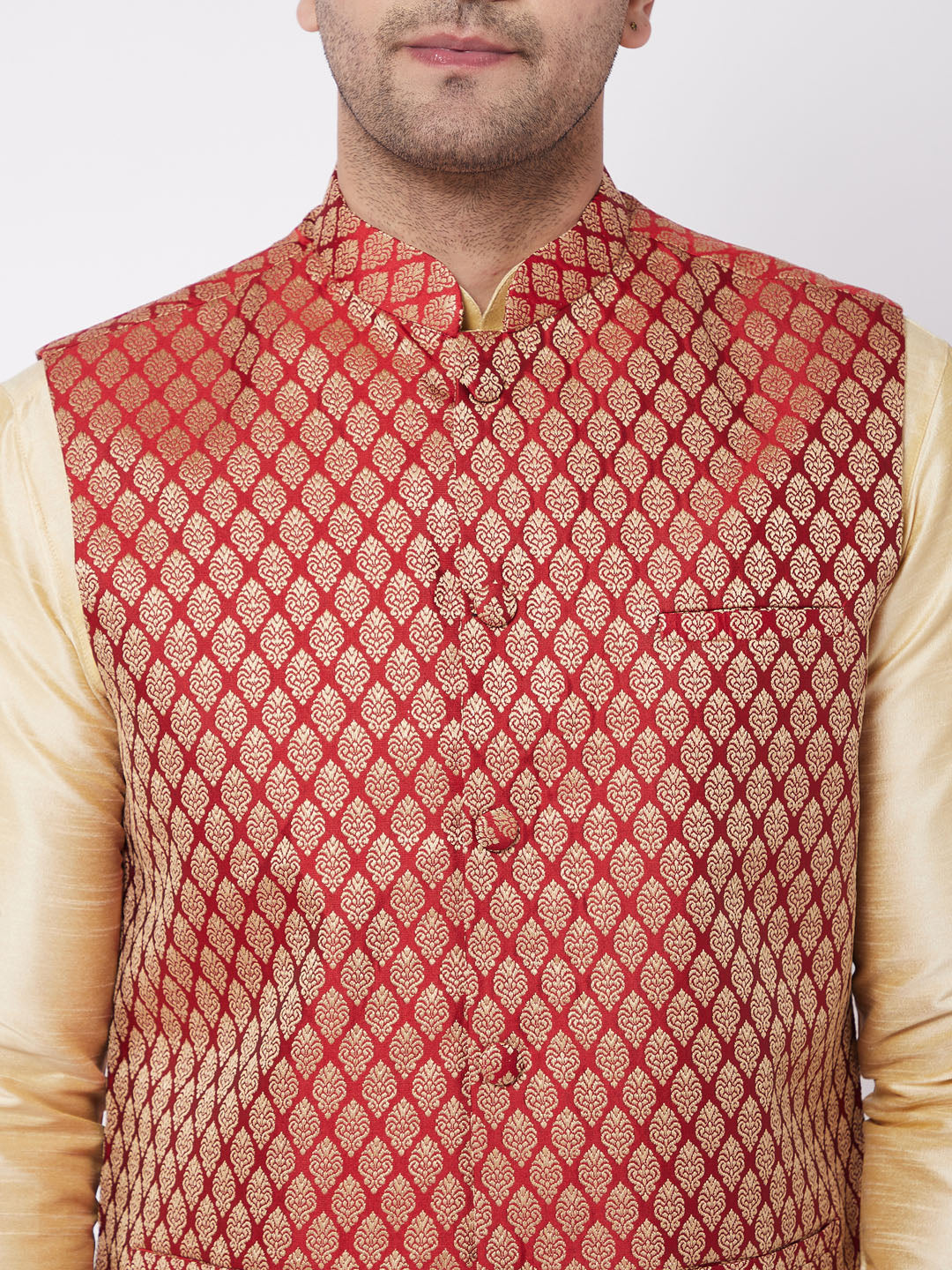 Vastramay Men's Gold Silk Blend Kurta And Dhoti With Maroon Woven Nehru Jacket - PUSHMYCART