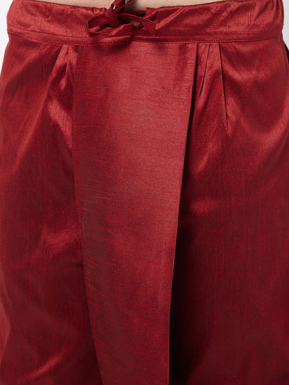 Vastramay Men's Gold Silk Blend Kurta And Dhoti With Maroon Woven Nehru Jacket - PUSHMYCART