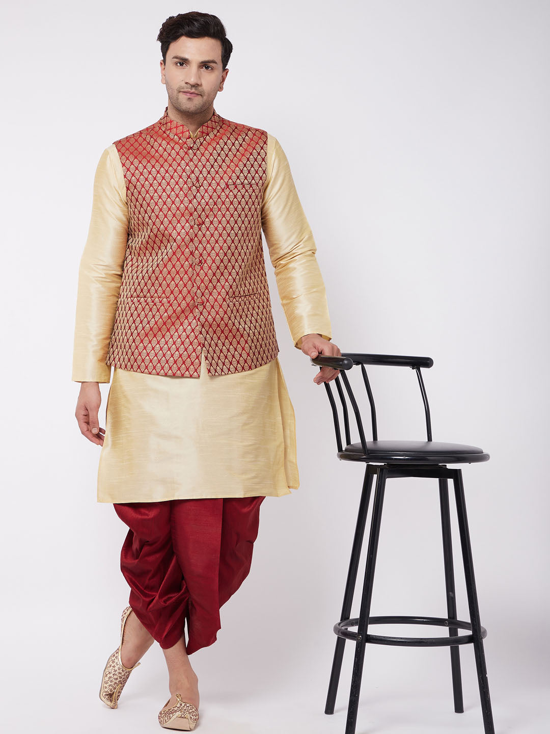 Vastramay Men's Gold Silk Blend Kurta And Dhoti With Maroon Woven Nehru Jacket