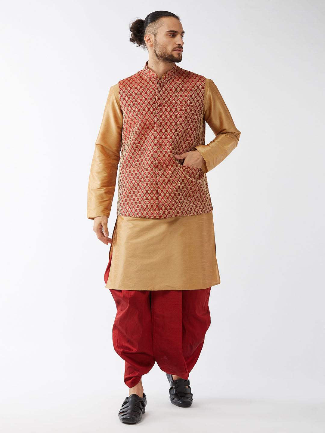 Vastramay Men's Rose Gold Silk Blend Kurta And Dhoti With Maroon Woven Nehru Jacket - PUSHMYCART