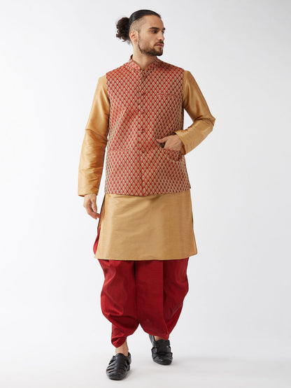 Vastramay Men's Rose Gold Silk Blend Kurta And Dhoti With Maroon Woven Nehru Jacket - PUSHMYCART
