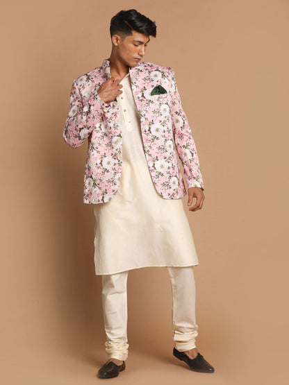 Vastramay Men's Pink Floral Print Jodhpuri With Cream Solid Kurta And Pyjama Set - PUSHMYCART
