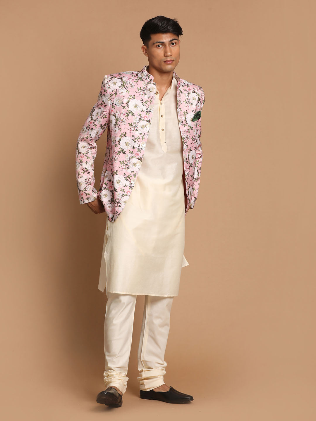 Vastramay Men's Pink Floral Print Jodhpuri With Cream Solid Kurta And Pyjama Set - PUSHMYCART