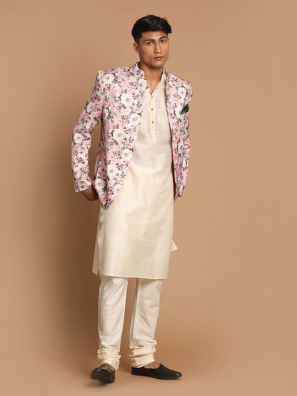 Vastramay Men's Pink Floral Print Jodhpuri With Cream Solid Kurta And Pyjama Set - PUSHMYCART