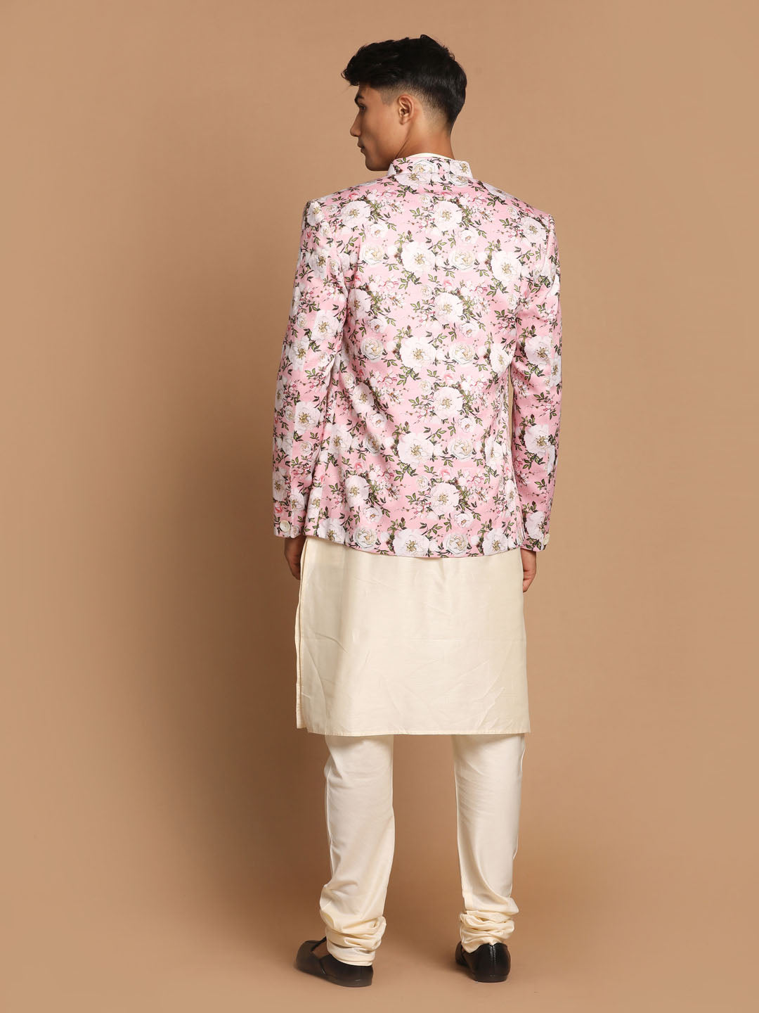 Vastramay Men's Pink Floral Print Jodhpuri With Cream Solid Kurta And Pyjama Set - PUSHMYCART
