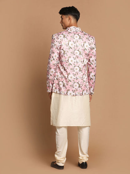 Vastramay Men's Pink Floral Print Jodhpuri With Cream Solid Kurta And Pyjama Set - PUSHMYCART