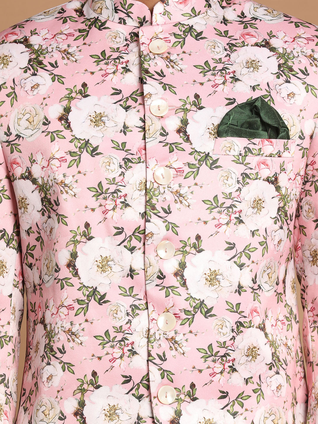 Vastramay Men's Pink Floral Print Jodhpuri With Cream Solid Kurta And Pyjama Set - PUSHMYCART