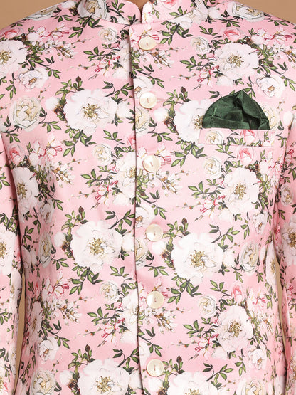 Vastramay Men's Pink Floral Print Jodhpuri With Cream Solid Kurta And Pyjama Set - PUSHMYCART